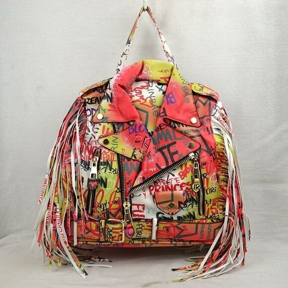 Multi Graffiti Motorcycle Jacket Fringe Back pack - Picture 1 of 8